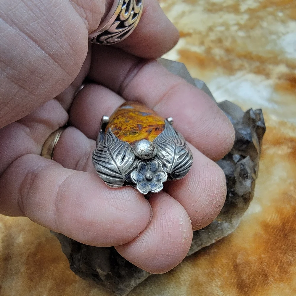 Vintage 925 Sterling Silver Unsigned Moss Mexican Fire Agate Large  Pendant #179